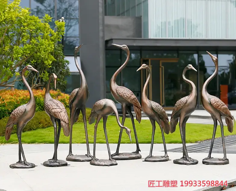 玻璃钢仿铜仙鹤雕塑 户外景观动物雕塑